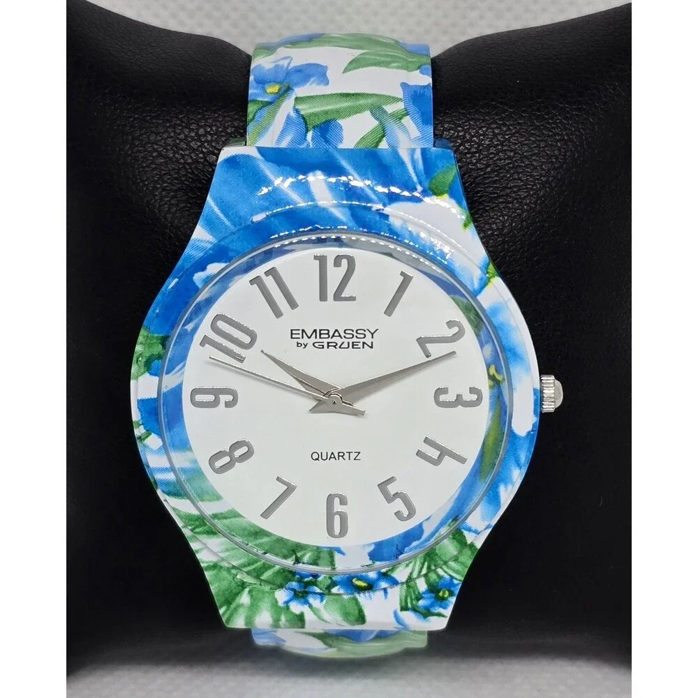 Women's Embassy by Gruen Trendy Floral Blue Green Cuff Bracelet Watch 11 - Picture 5 of 9